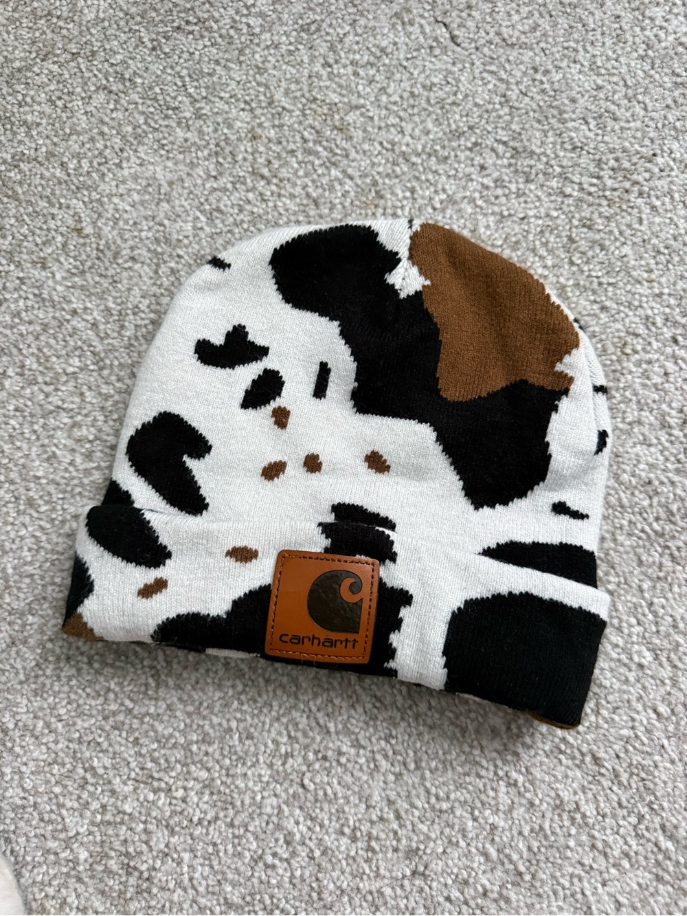 Carhartt Cow-Print Knit Beanie in White, Black & Brown